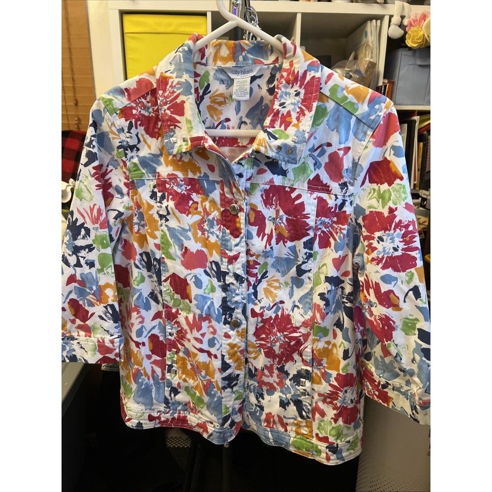 City Blues by Koret Jacket Womens Large Floral Cotton Button Down 3/4 Sleeve L